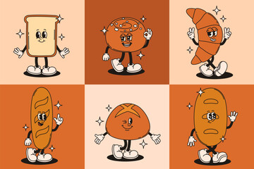 Mascot baking characters in retro groovy style.