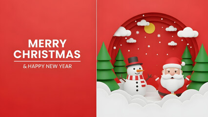 3d Paper Cut Style Merry Christmas And Happy New Year Greeting Card Background With Santa Claus Snowman Pine Trees And Snowfall