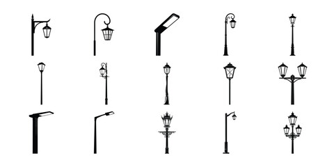 Collection of various street lamp silhouettes on a white background