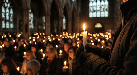 Crowd of people holding lit candles during a church service or vigil at night, A Symbol of Faith and Prayer