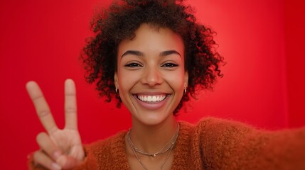 A cheerful woman with curly hair displays a peace sign while smiling. The joyful atmosphere is enhanced by the vibrant red backdrop, adding energy to the moment of celebration.