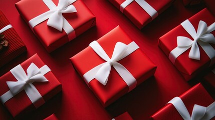 Obraz premium Red gift boxes with white ribbon on red background suitable for Christmas, birthday or other special events and celebrations.