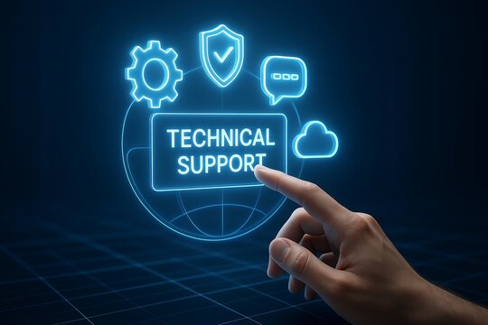 Realistic hand interacting with a floating holographic technical support interface, glowing 3D icons (gear, shield, chat bubble, cloud), smooth blue neon lines, cyber network grid in the background