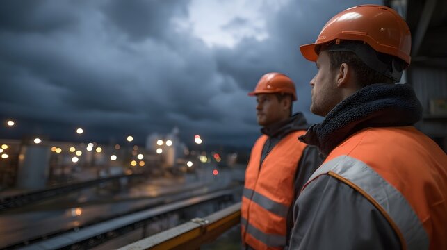 Two construction workers in orange vests and hard hats observe an industrial facility at dusk under stormy clouds