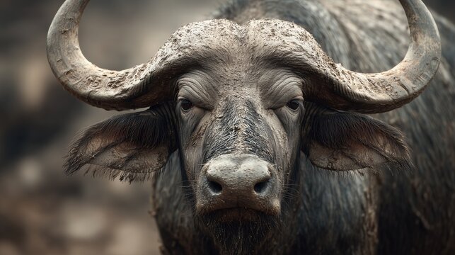 The Thai buffalo gazes directly at the viewer, its striking horns prominently displayed above its muddy face. This powerful buffalo exhibits a calm demeanor in its rustic, natural