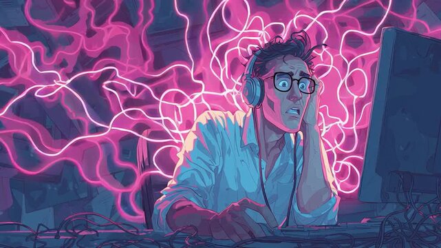 Cartoon-style hand-drawn illustration showing an energetic programmer coding with headphones, surrounded by swirling neon thread digital imagery in purple-blue hues.