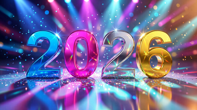 2026 Happy new year celebration, crystal 2026 in metallic colors with artistic lights on top and glitters around it