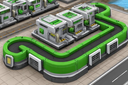 A new transportation setup features sleek, green modular stations connected by a winding pathway along a waterfront