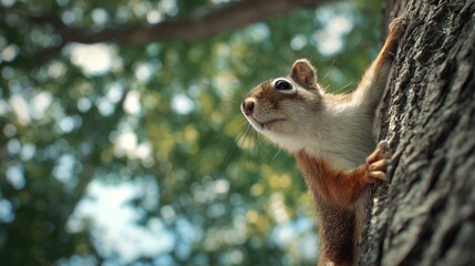 Fototapeta premium A curious squirrel observes its surroundings from a tree trunk, its eyes wide and attentive to the environment. The squirrel's vibrant fur and eager posture add life to the scene.