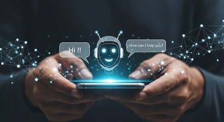 Hands holding a smartphone with a glowing chatbot interface, symbolizing ai communication and digital interaction