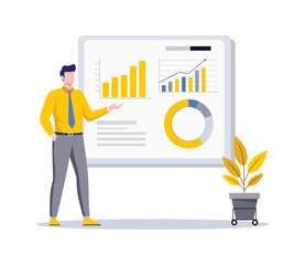 Businessman presenting business chart data analysis on whiteboard with bar graph and pie chart