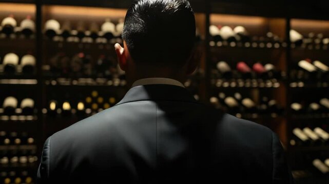 Man in Suit Standing near Wine Rack