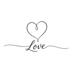 Elegant continuous line drawing of the word 'love' with a heart emblem