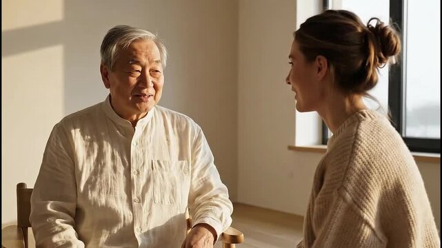 Elderly man and young woman engaged in a heartfelt conversation in a sunlit room with soft shadows