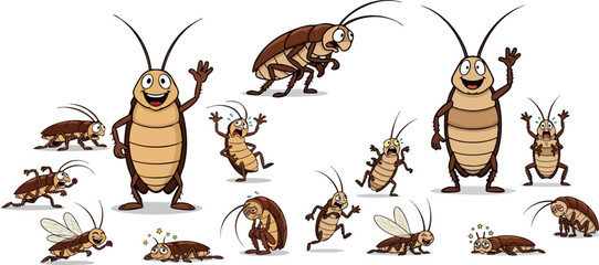 Cartoon cockroaches in various poses against a black background create a fun design