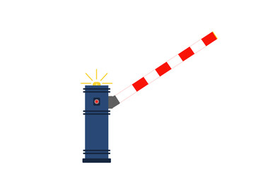 Flat illustration of automatic boom barrier with raised red-white striped arm and flashing warning light, modern parking access control icon