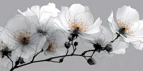 Transparent bloom x ray flowers botanical study with orange stamens