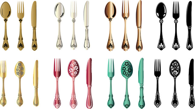 Elegant silverware set featuring ornate designs in gold silver and other colors