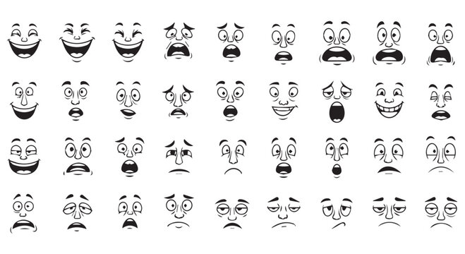 Collection of cartoon face expressions showing various emotions like happiness, sadness, surprise, and anger, isolated on transparent background