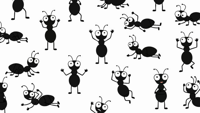 Seamless pattern of cute cartoon ants in various poses on a white background