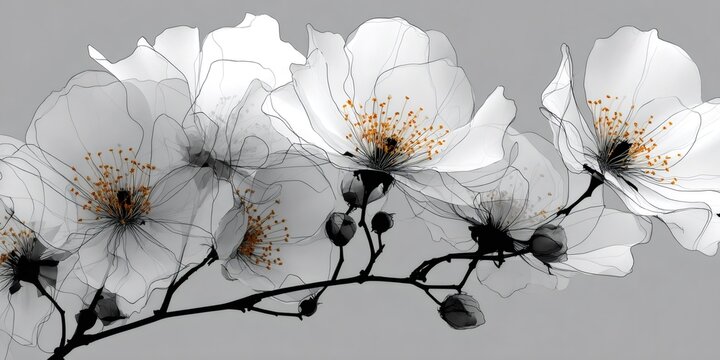 Transparent bloom x ray flowers botanical study with orange stamens