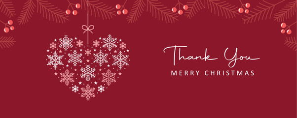 thank you christmas greeting card with heart made of snowflakes vector illustration