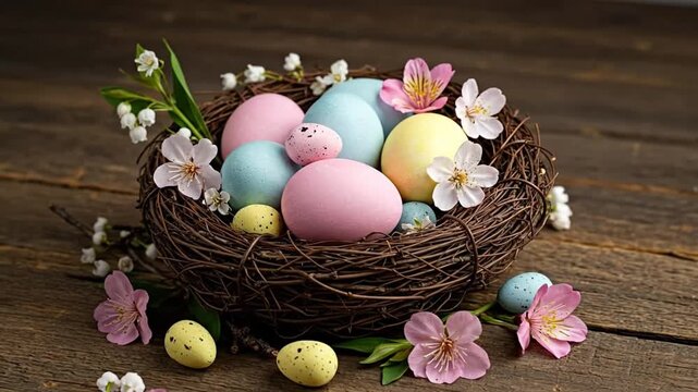 Colorful Easter eggs in rustic nest, spring flowers on wooden background