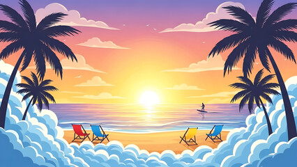 Obraz premium Serene beach at sunset with palm trees and deck chairs