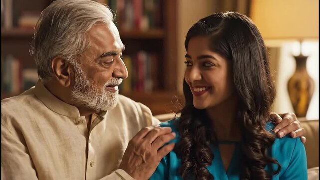 A warm moment between a grandfather and granddaughter sharing a smile in a cozy living room setting