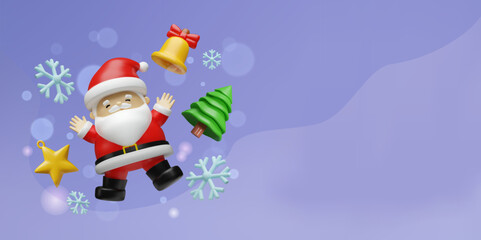 Cute 3d Santa Claus with Christmas elements on a festive purple background. Holiday celebration illustration with a tree, bell, and snowflakes. Winter banner with copy space