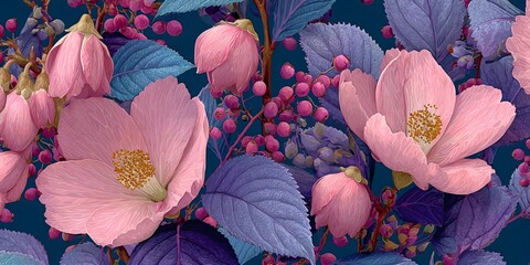 Pink floral pattern with purple leaves and berries