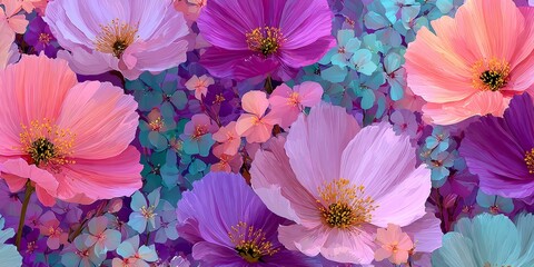 Bright floral digital painting with vibrant spring flowers