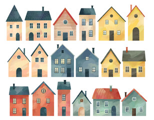 Set of watercolor scandinavian houses. Cute childish buildings. Cozy village mood. Nordic homes