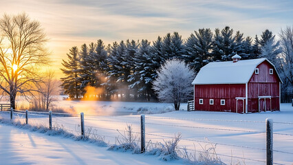 A vibrant red barn stands in a snow-covered field at sunrise, with frost-covered trees and a rustic fence adding to the serene winter landscape.