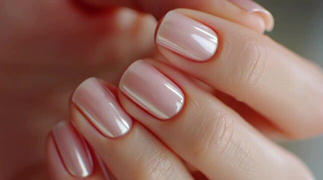 Close-up of well-manicured fingernails featuring a sophisticated iridescent pink nail polish.