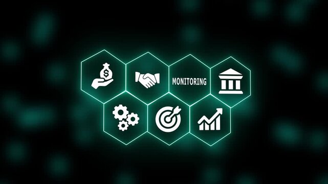 A futuristic hexagon interface presenting monitoring icons representing tracking systems, continuous oversight, progress checking, and real-time digital monitoring functions.