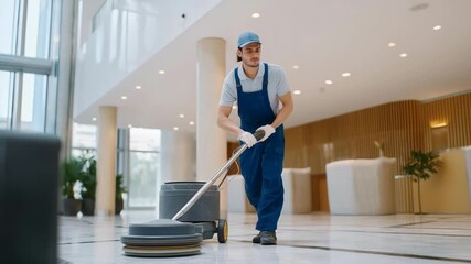 Worker polishing marble lobby floors with industrial equipment under bright ceiling lights — premium aesthetic representing luxury property maintenance and meticulous professional cleaning in