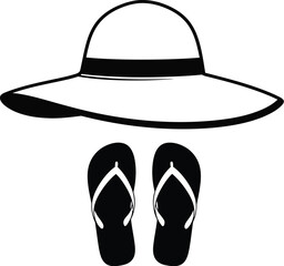 Simple black and white illustration of a sun hat and flip flops