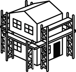 Line art illustration of a house under construction with scaffolding