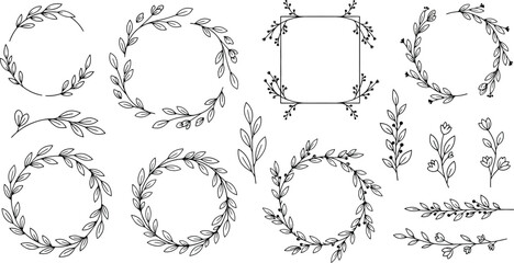Elegant floral wreaths and frames collection in black and white line art style