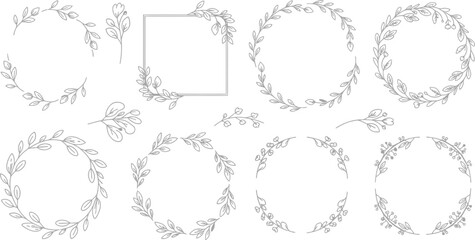 Botanical wreath and frame collection in delicate black and white line art style