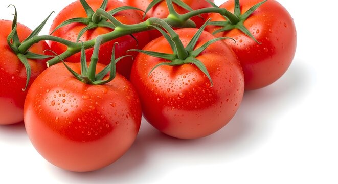 A close up of fresh tomatoes on the vine with water droplets against a white background surface - Powered by Adobe