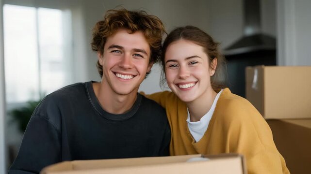 Young couple laughing while labeling boxes as movers load furniture behind them &mdash; vibrant lifestyle concept celebrating positivity, excitement, and progress in relocation journeys. cinematic color