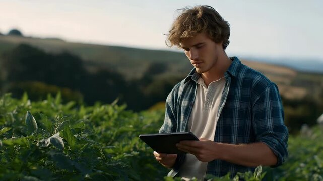 A farmer checking a tablet showing hyperlocal drought and storm alerts beside a field of crops &mdash; agricultural forecasting, climate resilience, and real-time farm disaster planning. cinematic color