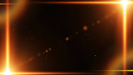 Abstract glowing orange light frame border effect with lens flare and dust particles overlay on a dark black background, perfect for cinematic or futuristic design