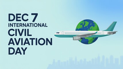 Civil Aviation Day, Airplane flying around globe on Earth with skyline background art.