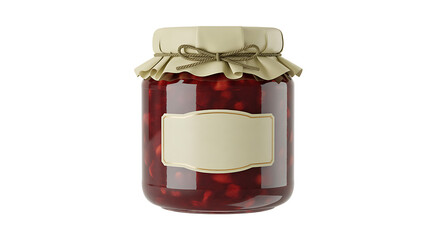 Glass jar filled with delicious cherry jam and blank label for text on transparent background