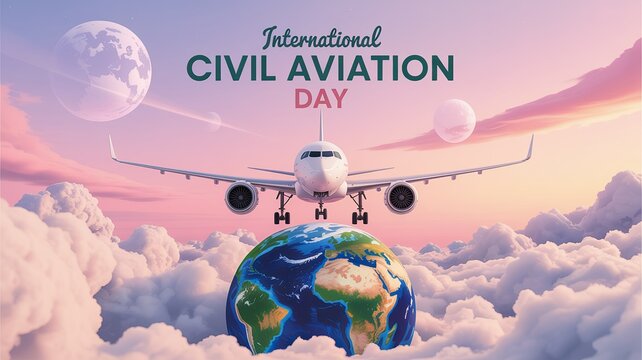 Civil Aviation Day, Passenger airplane flight above Earth with dreamy clouds sunrise gradient.