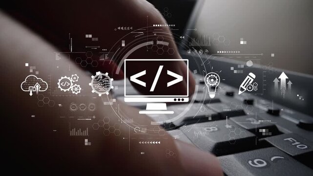 Modern web development concept featuring coding symbols, web development process, web development interface, and web development tools with futuristic design. Muxer