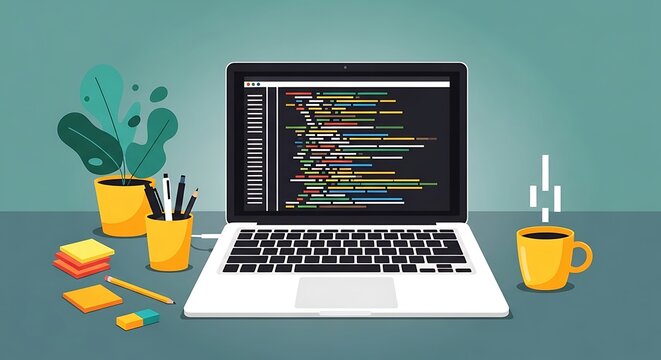 Illustration of a programmers desk setup with a laptop showing code, a plant, pens, sticky notes, and a coffee mug